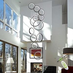 SHIANDAR Lustre moderne noir à 12 anneaux pour plafond haut, grand et long escalier, luminaire LED pour entrée, hall d'entrée, intensité variable avec télécommande, lustre LED suspendu au plafond (MINGYANGXING, neuf)