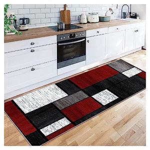 Siunwdiy Tapis Couloir 70X180CM,Lavable Antiderapant, Paillasson Gris Noir Bourgogne Patchwork Moderne Géométrie, pour Couloir Cuisine Passage Chambre Escalier, Largeur: 40/50/60/70/80/100/120cm (fuying shop, neuf)