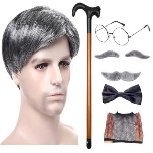Cosplay de vieil homme, Costume de grand-père pour hommes, taille adulte - 8 pièces/ensemble perruque à sourcils artificiels, lunettes, perruque pour hommes | Perruque de vieil homme, lunettes de cann (owniek, neuf)