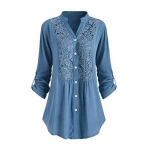 Minetom Chemisier D&eacute;contract&eacute; en Dentelle Tunique Femme Grande Taille Chic Blouse &Eacute;l&eacute;gant Fluide Manches Longues Tops L&acirc;che T-Shirt Bleu 50 (Mon Bon Coup FR, neuf)