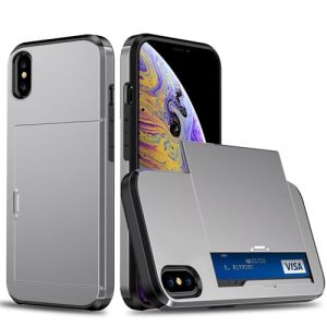 xinyunew Coque Portefeuille pour iPhone X/iPhone XS avec Porte-Cartes, &Eacute;tui de Protection T&eacute;l&eacute;phone Double Couche Antichoc, Fente Cach&eacute;e Coulissante, Antichoc TPU+PC Housse Portefeuille - Gris (xinyunew, neuf)