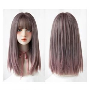 Perruque Avec Frange Perruque longue ombrée gris rose for femme, perruque synthétique à frange complète gris rose 20 pouces, adaptée for les fêtes quotidiennes et le cosplay Perruque Femme Cheveux Hum (yingyingyy, neuf)