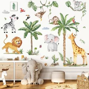 decalmile Stickers Muraux Enfant XL Animaux de la Jungle Arbre Autocollant Mural Safari Girafe &Eacute;l&eacute;phant Singe Feuilles Tropicales Vigne D&eacute;coration Murale B&eacute;b&eacute; P&eacute;pini&egrave;re Chambre Enfants (DecalMile Direct, neuf)
