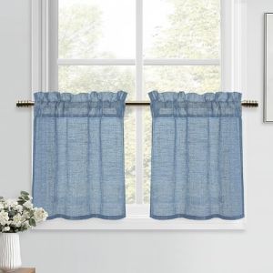 DWCN Rideaux Cuisine Bleu Rideau Voilage Court 45 x 60 cm (H x l) en Lin Effet Semi-Transparent et Moderne pour Evier Placard Fenetre Salon 2 Panneaux (DWCN EU, neuf)