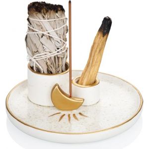 Porte-encens Bol d'encens 4 en 1 pour Chaque encens, encens, palo Santo, Sauge Blanche, bâtons d'encens et bougeoir, Plateau en céramique pour Salle de méditation Yoga (doré) (BEARCONN, neuf)