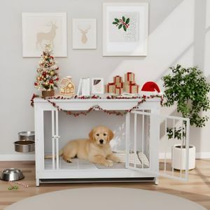 MAMIZO Cage pour Chiens, 93x64x58 CM, Table d&rsquo;Appoint, Meuble Cage Chien avec Porte coulissante, Niche pour Chien Interieur avec 2 Gamelles, Maison Chien en Bois, Cage Chiens XXL, Blanc (BRT Store, neuf)