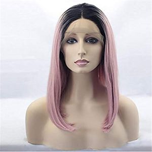 XAoSCd Perruques Synthétiques Avant Bob Cheveux Raides Racines Foncées Moyennes Cheveux Ombrés Rose Perruque pour Femme Cheveux Synthétiques Moyens, 22 Pouces (22 Pouces) (ydxdsp, neuf)