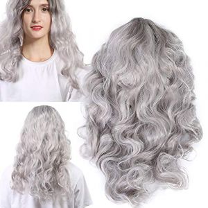 Topyond Perruque grise pour femme, perruque synthétique ondulée gris argenté, cheveux longs bouclés, ajustement confortable, perruque élégante pour un usage quotidien, le cosplay (Jialyduu, neuf)