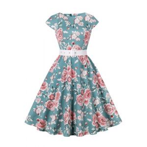 AXOE Femme Robe Vintage Années 50 Tissu Coton Respirant Coupe A-Line Ceinture Amovible Col Bateau Elegant Motif Floral F05, Taille 48, 3XL (AXOE-FR, neuf)