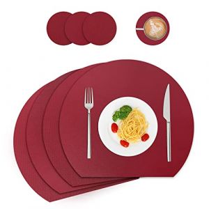WAKOSAN Lot de 4 sets de table et dessous de verre en cuir lavables, lavables, décoration de table, ronds pour cuisine, table à manger (demi-cercle, rouge vin) (wakosan, neuf)