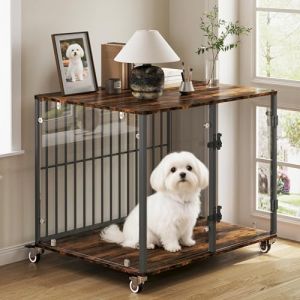 BingoPaw Cage pour Chien, Meuble Cage Chien Interieur avec Porte en Verre Trempé, Table d’Appoint Niche Moderne pour Chiens, 77x60x65cm, Marron Rustique (BingoPaw FR, neuf)