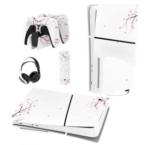 playvital Autocollant Protection pour ps5 Slim Standard Console, Sticker Skin pour ps5 Manette & Télécommande & Casque & Station de Charge,Disc Edition-Fleurs de Cerisier Tombe (Game Skindecal Store, neuf)
