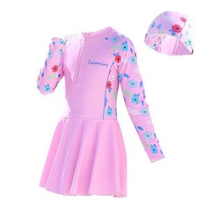 NautySaurs Costume de bain &agrave; manches longues pour fille - Maillot de bain une pi&egrave;ce avec jupe - Maillot de bain pour grandes filles avec bonnet de bain, rose, 6-7 ans (SUPFANS-EU, neuf)