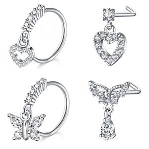 Mayhoop Piercing Nez 20G 4 Pièces Anneaux Studs pour Acier Chirurgical Piercing Argent avec CZ en Forme de L de Nez Bijoux de Piercing pour Femme Homme (Mayhoop, neuf)