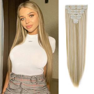 Dcbaboo Postiche Extension Cheveux Naturel Clip Lisse Extension a Clip Cheveux Naturel Raides Longue 8PCS Rajout Cheveux Extension de Cheveux a Clip Synth&eacute;tique pour Femme, Blond fonc&eacute; & d&eacute;color&eacute; (Dcbaboo, neuf)