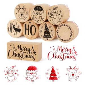 8pcs No&euml;l Tampons en Caoutchouc Bois Ronds Bonhomme de Neige Sapin HO Renne P&egrave;re No&euml;l et Tampon &agrave; Imprimer Rectangle Lettre Merry Christmas D&eacute;coration Scrapbooking DIY pour No&euml;l Anniversaire Nouvel An (ShanDongYuRui, neuf)