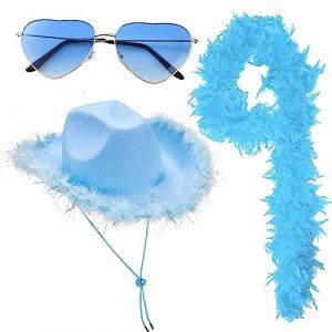 Chapeaux cow-boy | Chapeau cow-girl rose | Chapeau cowboy pour adultes avec lunettes soleil en forme cœur boa en plumes | Chapeau cow-girl Accessoires déguisement fantaisie pour Halloween, Carnaval (feelbiao, neuf)