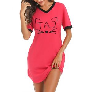 Litherday Chemise de Nuit Femme Coton Robe de Nuit Col V Rayé Nuisett imprimé Chat Mignon à Manches Courtes Vêtement de Nuit,B Rouge（New）,XXL (GXZ-EU, neuf)