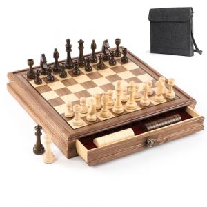 Jeu d'échecs et de dames magnétiques en bois de noyer - Jeu de société 2 en 1 avec tiroir de rangement, 2 figurines supplémentaires pour femmes, 24 pions pour dames - Jeu d'échecs en bois pour enfants (EcoWoodLiving, neuf)
