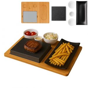 CAWI Planche &agrave; steak en pierre de lave, plateau de service, planche en bambou avec grill &agrave; pierres chaudes, plaque de cuisson &agrave; steak, plaque en pierre, barbecue de table (Cawi, neuf)