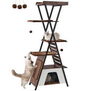 FourFurPets Arbre à Chat Hauteur 184 cm, Tour à Chat Moderne pour Chats d'intérieur, Condo à Plusieurs Niveaux avec grottes, Arbre à Chat Haut avec Planche à gratter, Pads Amovibles,Marron Rustique (FourFurPets, neuf)