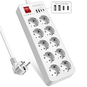 Multiprise avec USB C, Multiprise Electrique avec Interrupteur, Bloc 10 Prises Schuko Parafoudre et Surtension, Prise Multiple avec 4 Ports USB, Protection Enfant, Rallonge Câble 1,5 m, Blanc (Ecobasi, neuf)