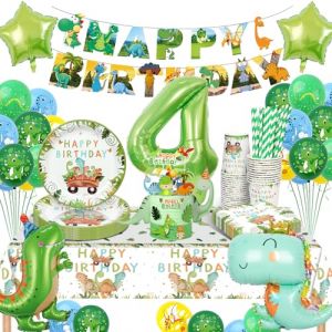 YIMAKJ Decoration Anniversaire Dinosaure 4 Ans, Vaisselle Anniversaire Dinosaure, Decoration Anniversaire Garçon avec Ballon Dinosaure Nappes, 4 Ans Kit Anniversaire, Deco Anniversaire Dino 16 Invités (YIMAKJ, neuf)