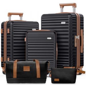 SHOWKOO Set 5 Valise de Voyage Rigide Extensible Cabine Légère Durable Polycarbonate Grande Taille Sets de Bagages à 4 roulettes et Serrure TSA avec Trousse de Toilette et Sacs de Voyage,Noir Élégant (USA Travels, neuf)