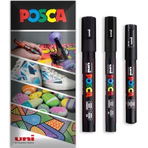 Posca Lot de 3 marqueurs permanents &agrave; base d'eau - Utilisation multi-surfaces - PC-1M, PC-3M, PC-5M - Lot de 3 stylos dans un &eacute;tui (noir) (Ponera, neuf)