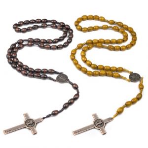 YUVKIN 2 pi&egrave;ces Collier Chapelet Bois, Chapelet Catholique avec Croix, Collier Chapelet Croix Catholique, Perles de Pri&egrave;re en Bois Naturel, pour Communion, Messe, Bapt&ecirc;me (HerEdit, neuf)