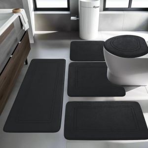 Ensemble de tapis de salle de bain, 5 pi&egrave;ces, tapis de bain en mousse &agrave; m&eacute;moire douce, antid&eacute;rapant et lavable, ensemble de tapis de salle de bain pour toilettes, douche et baignoire, noir (Qia Zhen, neuf)