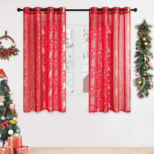 Topfinel Rideau Voilage No&euml;l Rouge 140x160 cm 2pc en Effet Lin - A Oeillets Rideaux Voilage Semi-Transparent pour Rideau Cuisine Salon Chambre Enfant (NoledarEU, neuf)