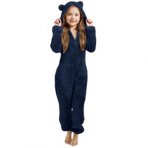 Combinaison Pyjama Enfant Fille Garçon 3-12 Ans Douce Pyjama Combinaison Surpyjama pour Enfants Grenouillère Hiver Chaude Doublée Polaire avec Capuche Oreilles de Chat Déguisement (Navy, 11-12 Years) (Beythetly, neuf)