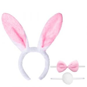 Ensemble Déguisement de Lapin Serre-tête d`oreille de lapin+Cravate en forme de nœud papillon+Queue en Peluche Costume Enfant Adulte pour Cosplay Fête Carnaval Halloween Anniversaire (TANGYUMENG STORE, neuf)