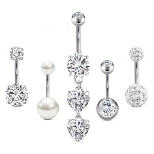 AceFun Piercing au Nombril en Argent Court - Acier Chirurgical Inoxydable 14G 10mm pour Femmes - CZ Perle Anneaux Ventre Cœur Bijoux (Piercing Jewelry, neuf)