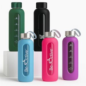 Be-Active Bouteille d'eau en Verre avec Le Temps de Boire Marquages Hydratation de Motivation sans BPA - Verre Borosilicate, Bouteille en Verre avec Couvercle en Silicone - 550 ML 1000 ML (Be-Active, neuf)