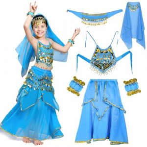 NlsqEU 6pcs Dance Costumes Enfants,Costume Danse Orientale,Enfants Filles Costume de Danse Indienne Danseuse du Ventre avec Voile, Ceinture, Bracelet Halloween Carnaval Costumes - Taille L (NlsqEU-AMZ, neuf)