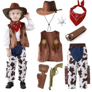 Hengrongshen Deguisement Cowboy Enfant, Costume de Shérif pour Enfant avec Chapeau de Cowboy, Gilet, Foulard et Accessoires de Cowgirl, Costume de Carnaval, Halloween, Cosplay pour Garçon et Fille (HengRongSh-EU, neuf)