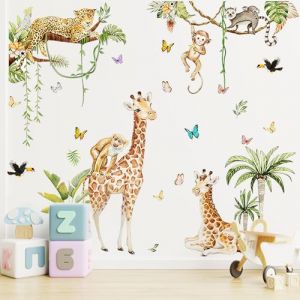 Feirdhoo Sticker mural XXL Motif animaux de la jungle girafe, singe, l&eacute;opard, oiseau, feuilles tropicales, pour chambre d'enfant, chambre de b&eacute;b&eacute;, chambre de gar&ccedil;on, d&eacute;coration murale (shunzhedianzi, neuf)