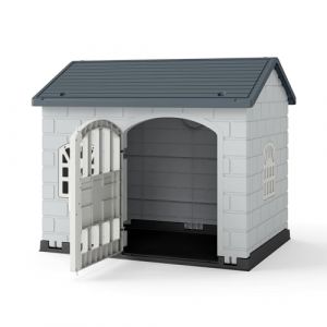GYMAX Niche pour Chien en Plastique Imperméable, Abri pour Chiot Intérieur et Extérieur, 3 Fenêtres et Porte Verrouillable, pour Petits et Moyens Chiens, 75x58x65cm (Gris) (GYMAX EU, neuf)