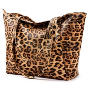 Grand sac fourre-tout pour femme en cuir synth&eacute;tique avec poign&eacute;e sur le dessus et fermeture &eacute;clair pour le travail, le shopping, l'&eacute;cole, les voyages, L&eacute;opard a, Large (Laowan Ltd, neuf)