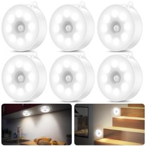 Lumiere detecteur de Mouvement Interieur, Lampe led Detecteur de Mouvement，3*AAA Fonctionnement &agrave; piles, Lampe led sans fil, pour armoire, escaliers, placard, cuisine (6 morceaux de blanc froid) (HIKOO, neuf)