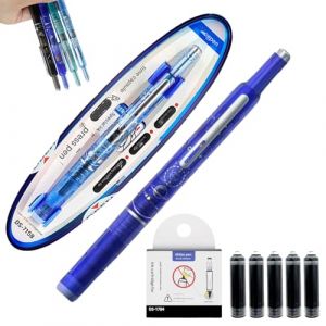 Stylo plume rétractable, rechargeable, 0,38 mm, encre bleue et noire, corps transparent, comprend 5 cartouches d'encre rechargeables pour une écriture fluide sans fuite (bleu foncé, bleu effaçable) (Qinchang, neuf)