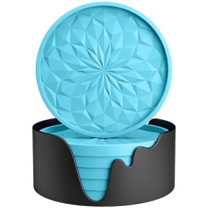 STLIAN Lot de 6 dessous de verre en silicone avec support, sous-verres pour boissons chaudes ou froides, épais, antidérapant, antidérapant, plateau profond bleu ciel (DIRECT SUNNY, neuf)