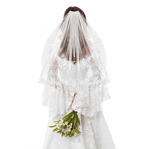 Yolev Voile Blanc Mariage Court en Dentelle de Mariage Voiles Femme 2 Couches Voile de Mari&eacute;e en Tulle Doux avec Peigne Cape Mariage pour Femmes Mari&eacute;es (Huajiesm, neuf)