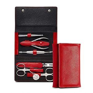 Nippes Solingen Nippes Premium Line Kit de manucure 6 pièces en acier inoxydable sans nickel et sans rouille avec étui en cuir de vachette véritable avec bouton pression Rouge (Gebrüder Nippes, neuf)