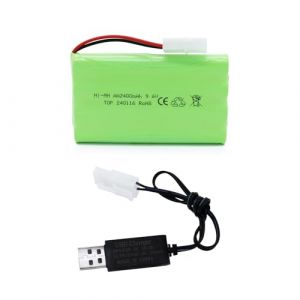 Tosiicop Batterie NiMH 9,6 V 2400 mAh – Batterie AA rechargeable pour voiture télécommandée avec prise Tamiya KET-2P et câble de charge USB pour pièce de rechange RC Car Tank Boat Batteries (9,6 V (Tosiicop., neuf)