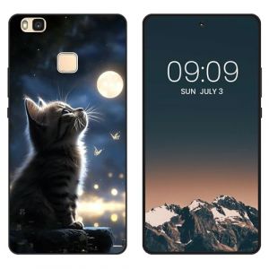 WUACYEAMING Noir Coque pour Huawei P9 Lite, Haute Qualit&eacute; TPU Silicone Mince Souple Antichoc Bumper avec La Lune et Le Chat Motif Dessin Mat Case (WUACYEAMING, neuf)