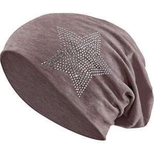 Balinco Jersey Coton élastique Long Slouch Beanie Unisexe Hommes Femmes avec Strass Pierres étoile Casquette Heather en 35 Couleurs différentes (2) (Heather Brown) (Balinco, neuf)