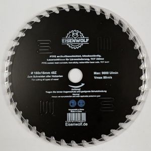 Eisenwolf Lame de scie circulaire 160 x 16 mm pour bois avec 40 dents TCT inclinées, revêtement antiadhésif PTFE et découpes laser pour réduire le bruit (Eisenwolf, neuf)